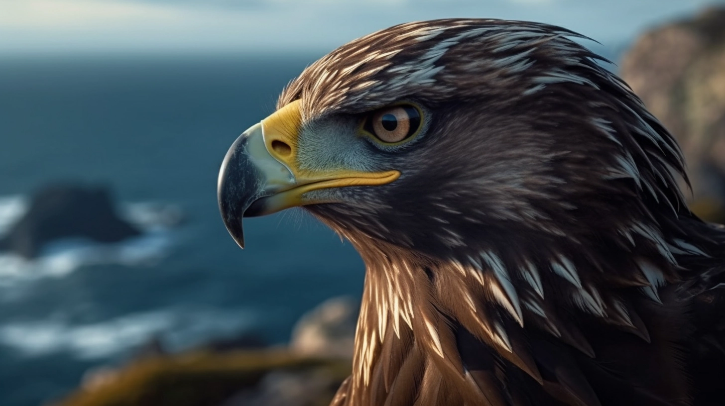 Close-up of an eagle sitting on a rocky crag looking over the sea
