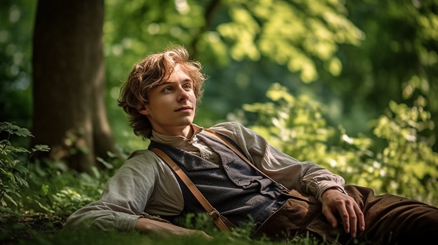 A young man dressed in clothes from the 1890s relaxes under a tree