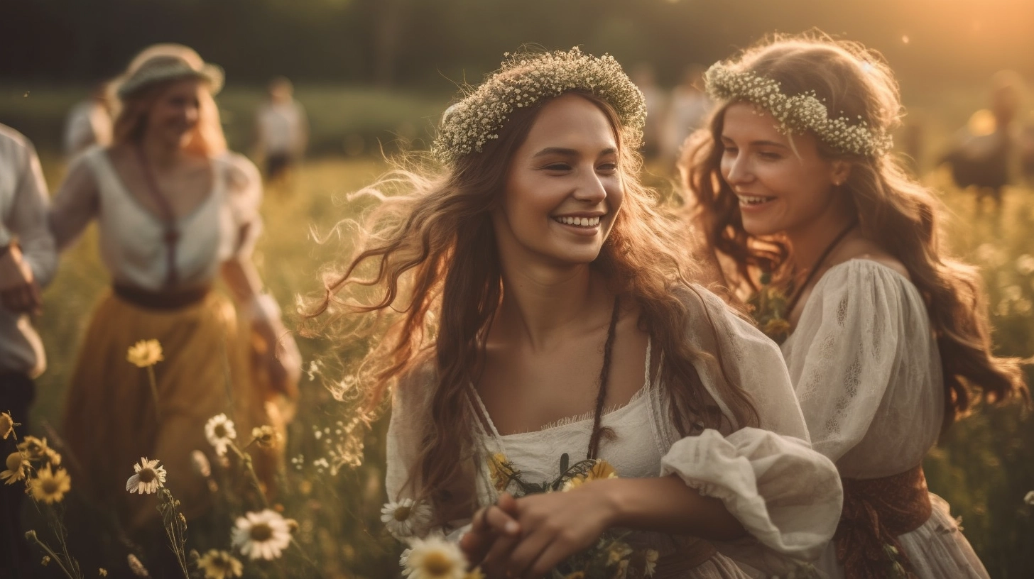 Smiling young women with garlands in their hair play in a summer meadow